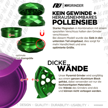 GrimmsGrow x NV | *Magnetisch* Pyramid Grinder - 4-teilig - Ø63mm